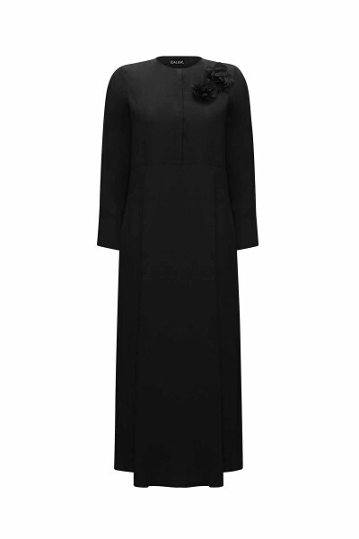 T25Y-4063 Çiçek Broş Detaylı Düz Renk Keten Elbise BLACK - 1