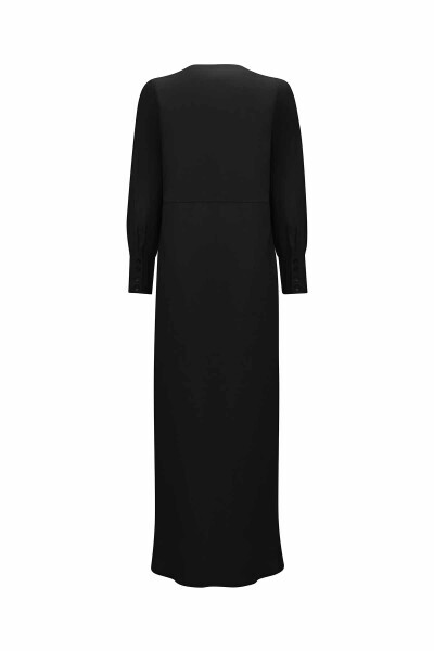 T25Y-4063 Çiçek Broş Detaylı Düz Renk Keten Elbise BLACK - 2