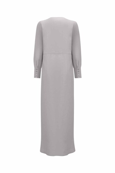 T25Y-4063 Çiçek Broş Detaylı Düz Renk Keten Elbise GREY - 2
