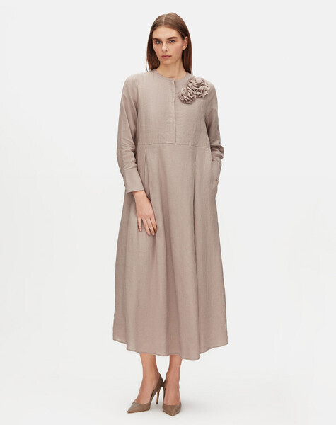 Floral Brooch Detailed Solid Color Linen Dress - 1