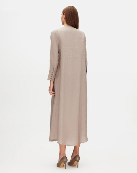 Floral Brooch Detailed Solid Color Linen Dress - 2