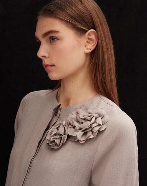 Floral Brooch Detailed Solid Color Linen Dress - 3