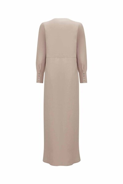 T25Y-4063 Çiçek Broş Detaylı Düz Renk Keten Elbise STONE - 2