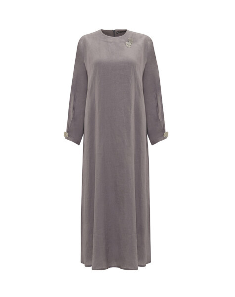 Aksesuar Detaylı Düz Renk Keten Antasit Elbise 