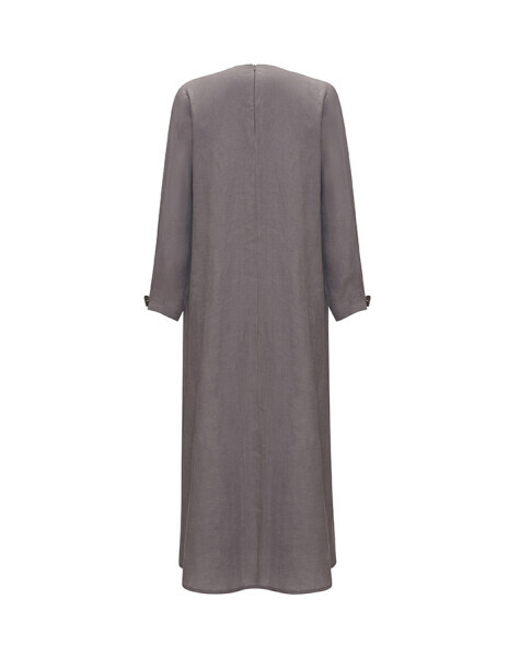 Aksesuar Detaylı Düz Renk Keten Antasit Elbise - 2