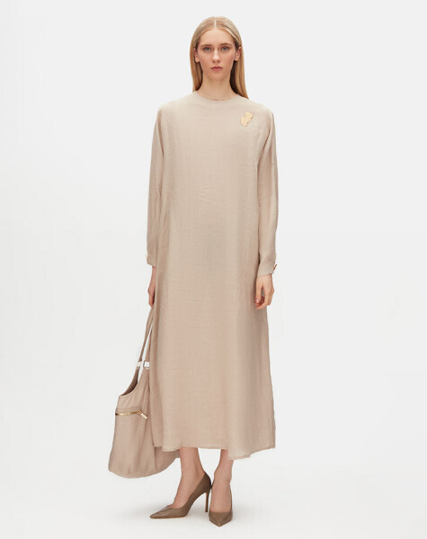 Aksesuar Detaylı Düz Renk Keten Siyah Elbise - 5