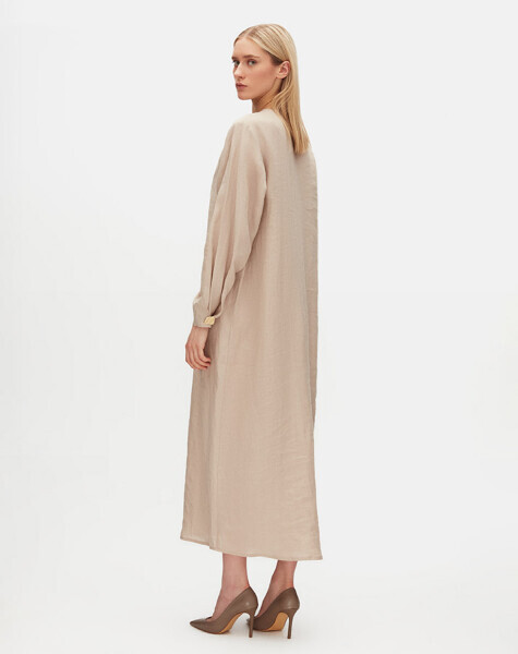 Aksesuar Detaylı Düz Renk Keten Siyah Elbise - 6