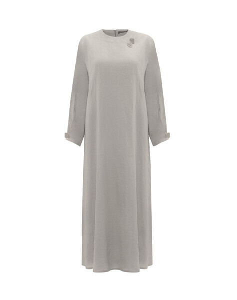 Aksesuar Detaylı Düz Renk Keten Siyah Elbise - 11