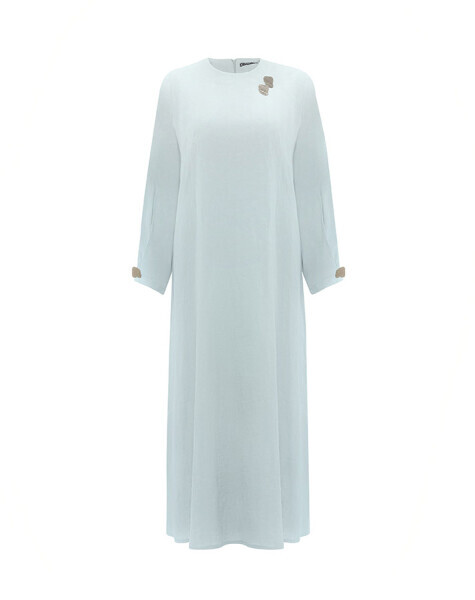Aksesuar Detaylı Düz Renk Keten Mavi Elbise 