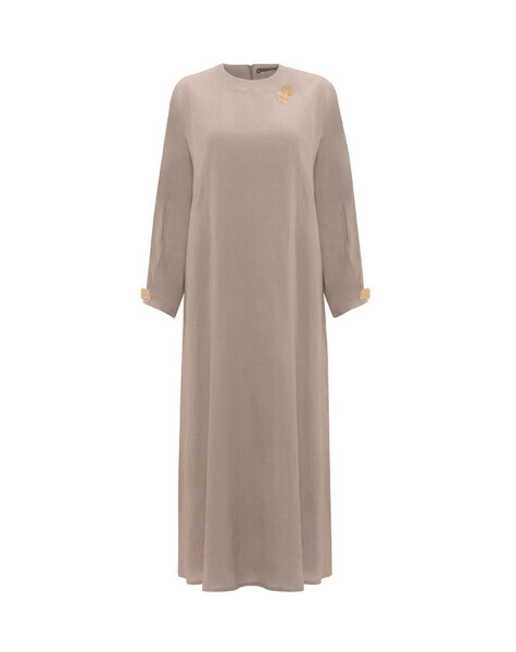 Aksesuar Detaylı Düz Renk Keten Vizon Elbise 