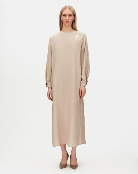 T25Y-4064 Aksesuar Detaylı Düz Renk Keten Elbise STONE 