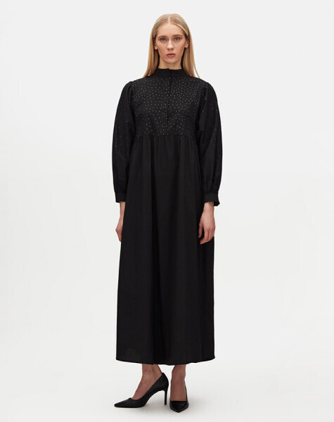 Stone Detailed Watermelon Sleeve Cotton Dress 