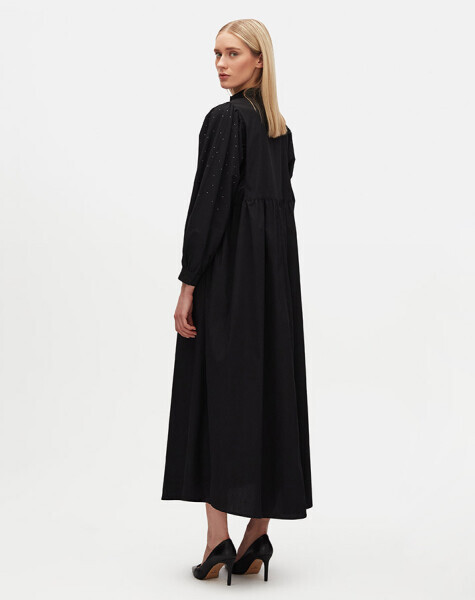 Taş Detaylı Karpuz Kollu Pamuklu Siyah Elbise - 2