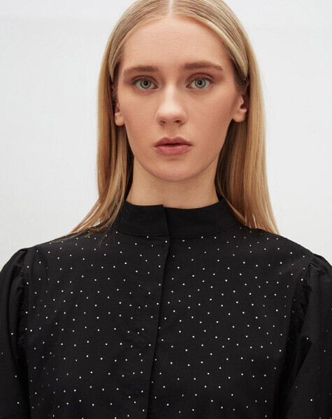 Taş Detaylı Karpuz Kollu Pamuklu Siyah Elbise - 3