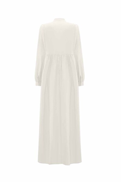 Taş Detaylı Karpuz Kollu Pamuklu Ekru Elbise - 2