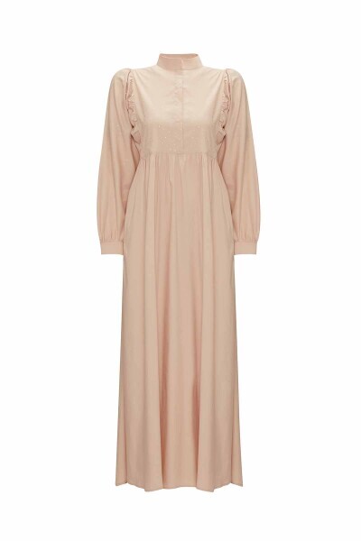 T25Y-4066 Taş Detaylı Karpuz Kollu Pamuklu Elbise SAND 