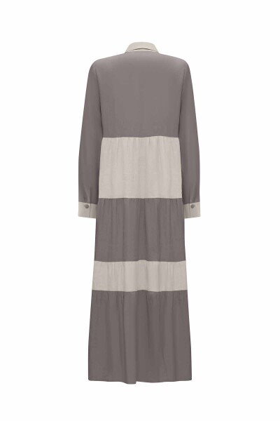 İki Renkli Erkek Yaka Keten Antrasit Elbise - 2