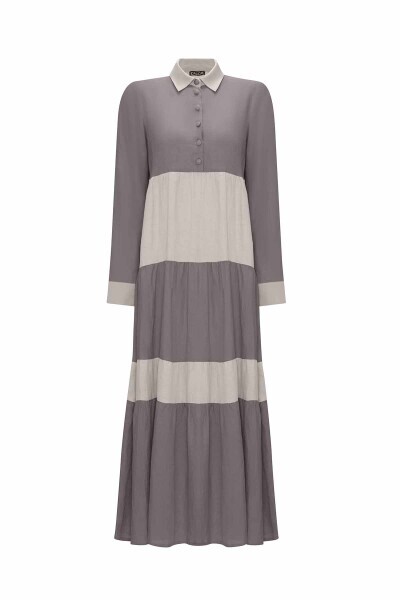 T25Y-4067 İki Renkli Erkek Yaka Keten Elbise ANTHRACITE - 1