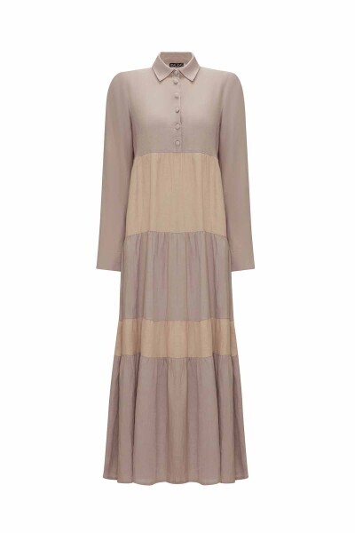 İki Renkli Erkek Yaka Keten Vizon Elbise - 1