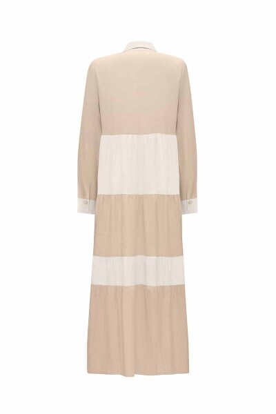 İki Renkli Erkek Yaka Keten Taş Rengi Elbise - 2