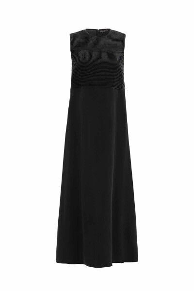 T25Y-4068 Önü Nervürlü Kolsuz Cupro Elbise BLACK - 1