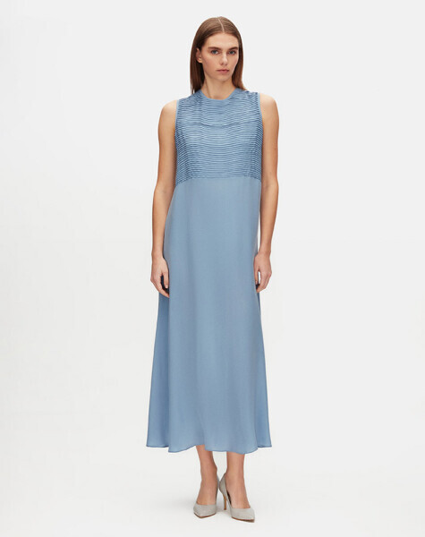 Önü Nervürlü Kolsuz Cupro Mavi Elbise - 1