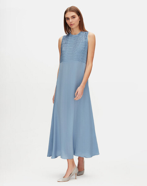 Önü Nervürlü Kolsuz Cupro Mavi Elbise - 2