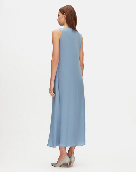 Önü Nervürlü Kolsuz Cupro Mavi Elbise - 3