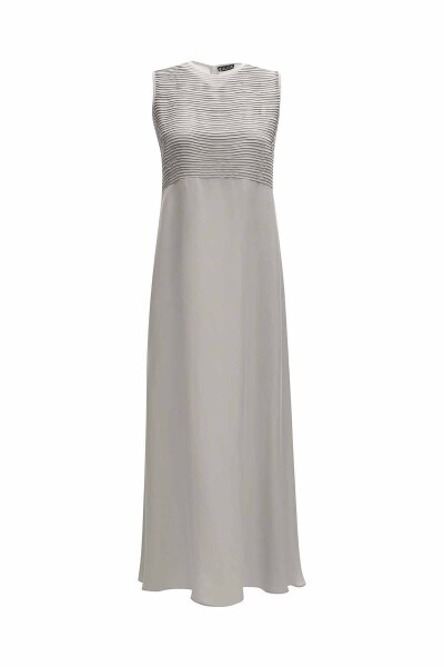 Önü Nervürlü Kolsuz Cupro Gri Elbise - 1