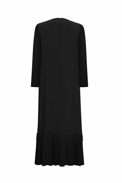 Etek Ucu Püsküllü Keten Siyah Elbise - 2