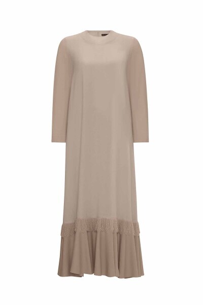 Etek Ucu Püsküllü Keten Vizon Elbise - 1