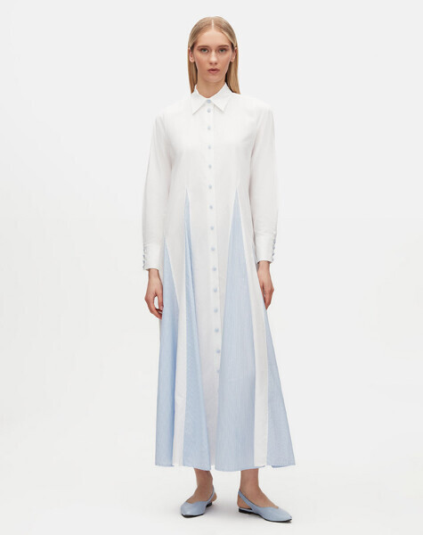 T25Y-4071 Renkli Düğmeli Pamuklu Elbise WHITE / BLUE 