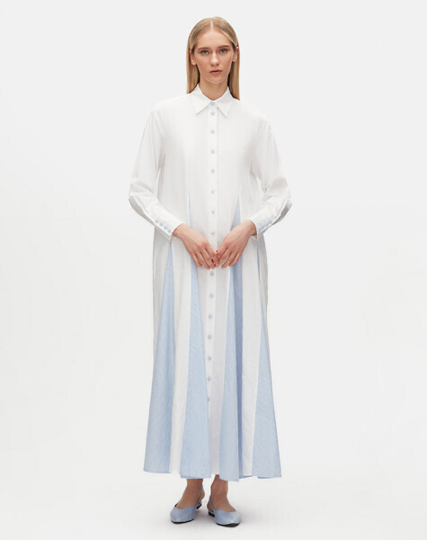 T25Y-4071 Renkli Düğmeli Pamuklu Elbise WHITE / BLUE - 3