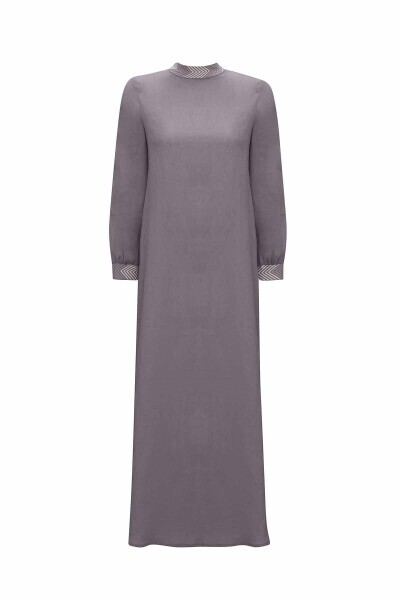 Yakası ve Bileği Triko Detaylı Keten Antrasit Elbise - 1