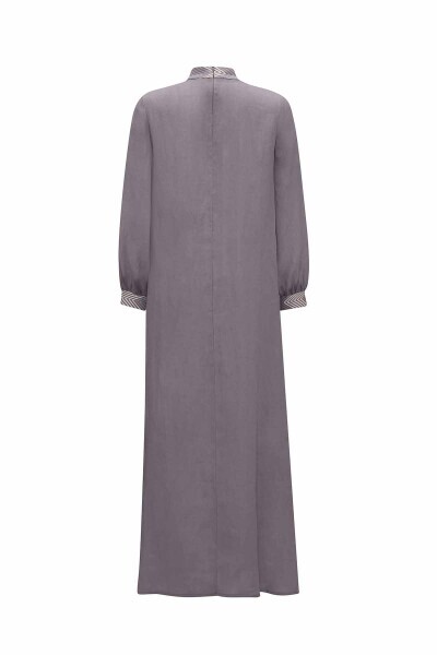 T25Y-4073 Yakası ve Bileği Triko Detaylı Keten Elbise ANTHRACITE - 2