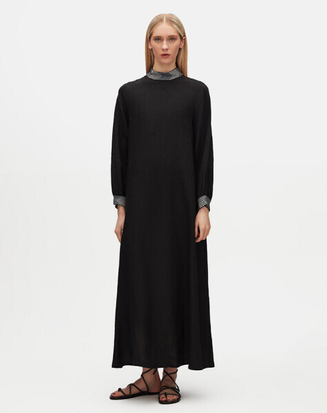 T25Y-4073 Yakası ve Bileği Triko Detaylı Keten Elbise BLACK 