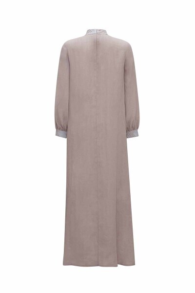 Yakası ve Bileği Triko Detaylı Keten Vizon Elbise - 2