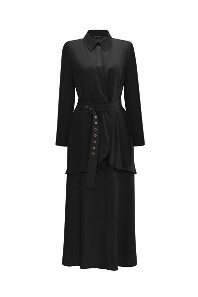 T25Y-4074 Cupro Yaka Detaylı Keten Elbise BLACK - 1