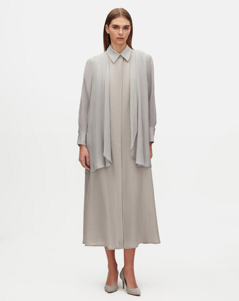 T25Y-4074 Cupro Yaka Detaylı Keten Elbise GREY 