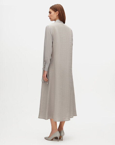 Cupro Yaka Detaylı Keten Gri Elbise - 4