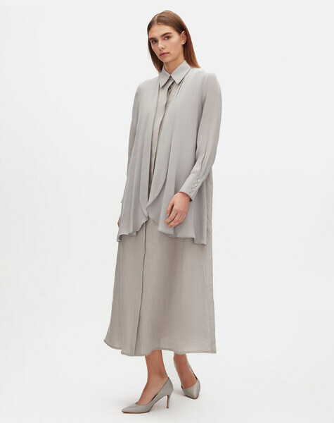 T25Y-4074 Cupro Yaka Detaylı Keten Elbise STONE - 3