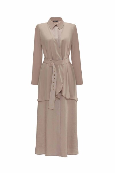 T25Y-4074 Cupro Yaka Detaylı Keten Elbise STONE - 7