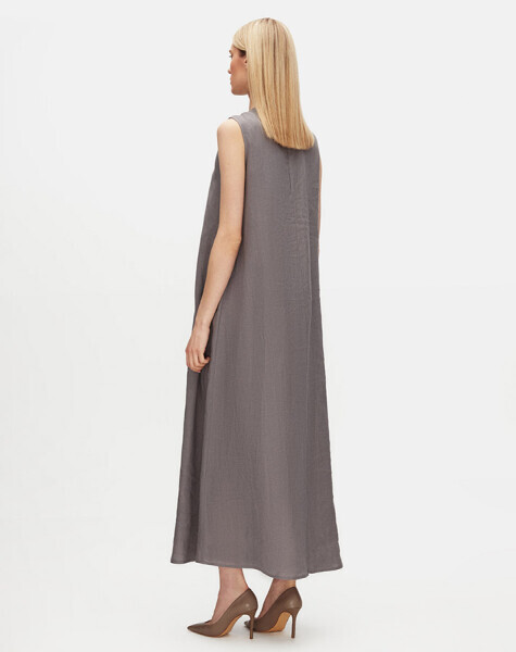 Yakası Triko Detaylı Keten Antrasit Elbise - 4