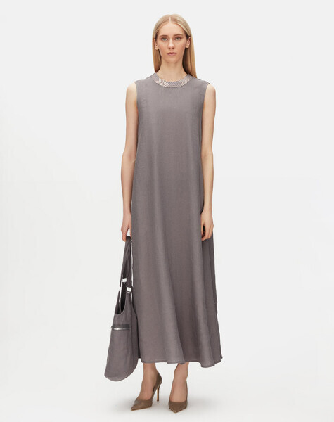 Yakası Triko Detaylı Keten Antrasit Elbise - 1