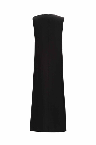 Yakası Triko Detaylı Keten Siyah Elbise - 2