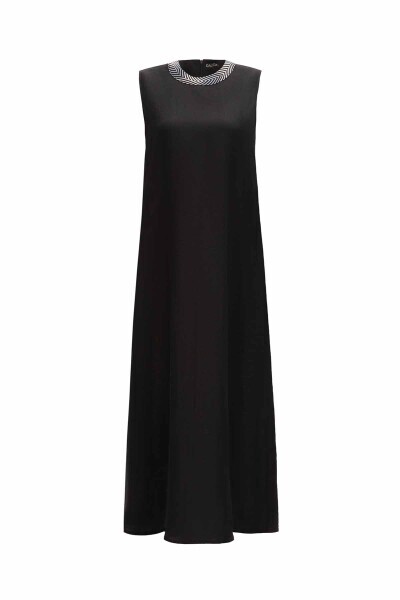 T25Y-4075 Yakası Triko Detaylı Keten Elbise BLACK 