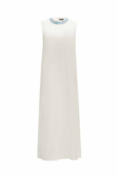 Yakası Triko Detaylı Keten Ekru Elbise 