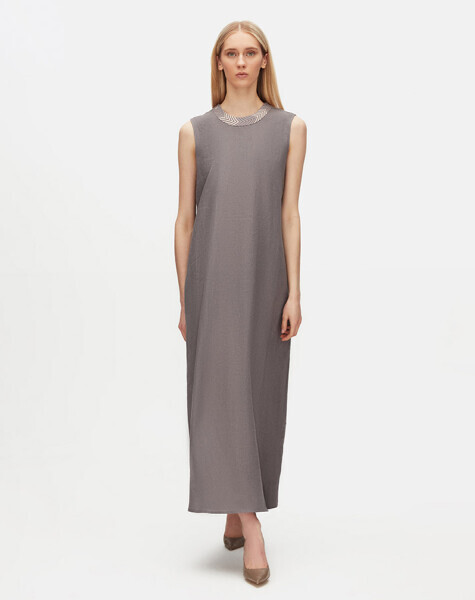 Yakası Triko Detaylı Keten Vizon Elbise - 1