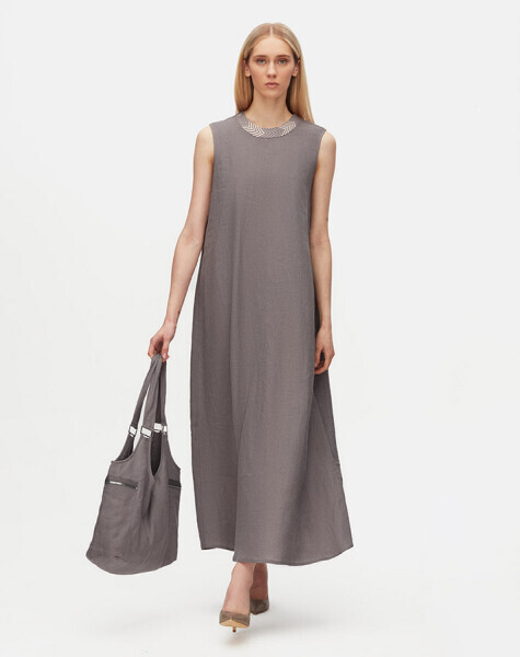 Yakası Triko Detaylı Keten Vizon Elbise - 2