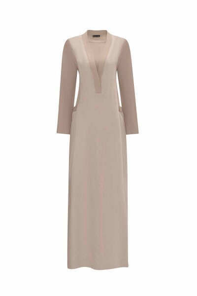 T25Y-4076 V Yaka Triko Astarlı Keten Elbise BLACK - 1